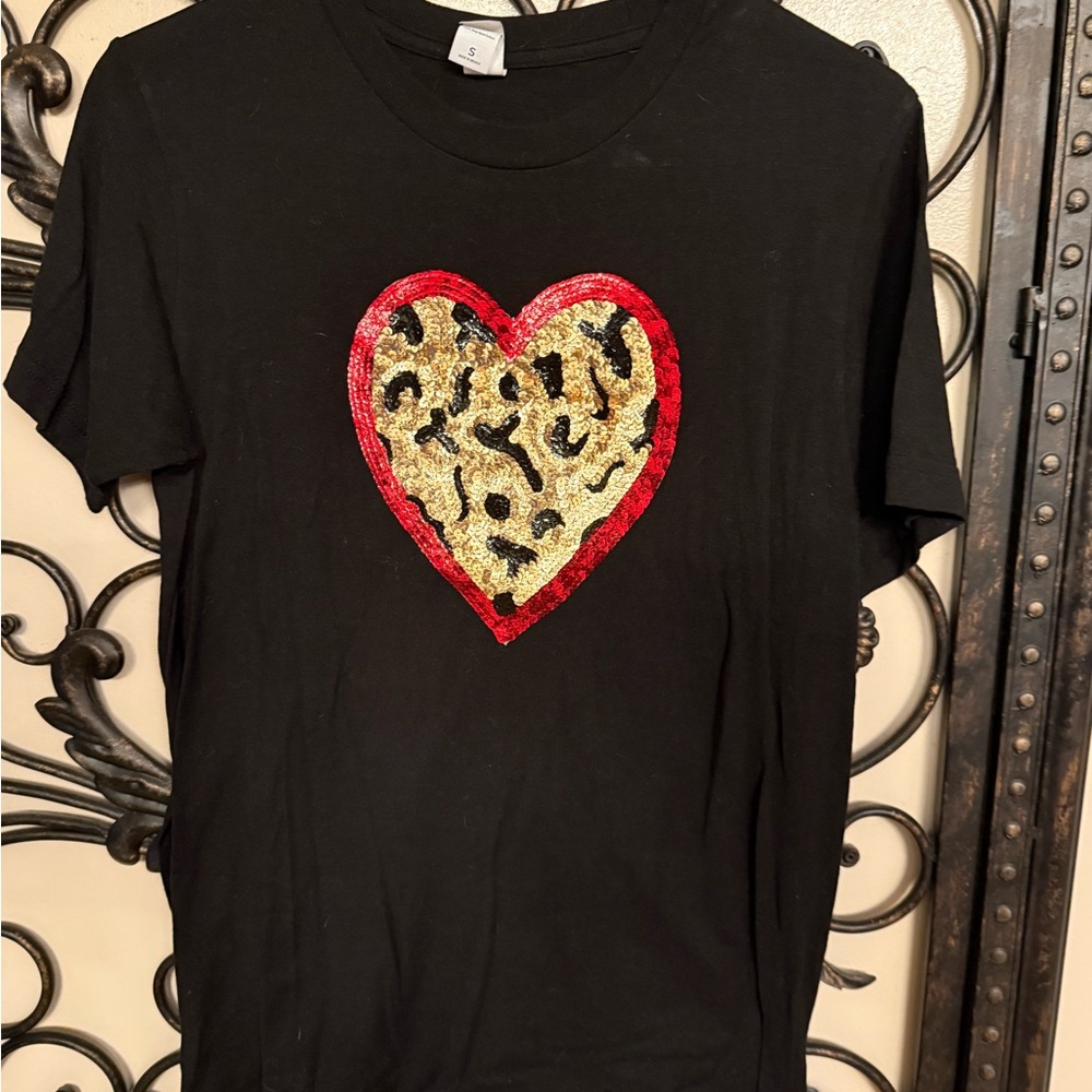 Black T-Shirt with Sequin Heart Design